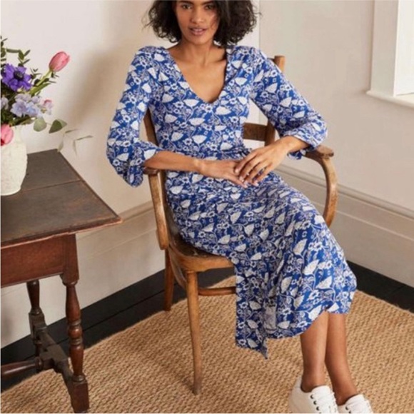 Boden Amy Jersey Midi Dress Double V Belted Blue White Size 6R VGUC Side Pockets - Picture 3 of 16